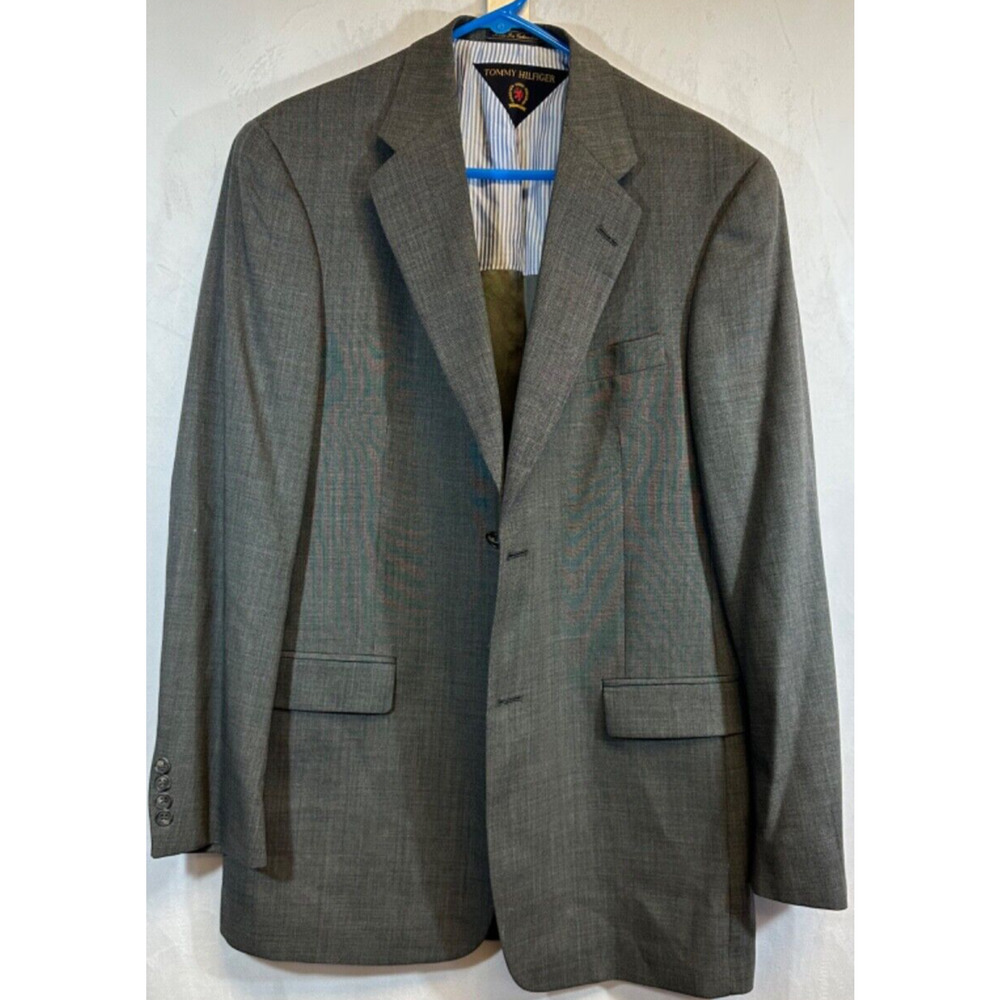 Tommy Hilfiger Mens Worsted Wool Blazer Jacket 40L Gray Two Button W33 Lined